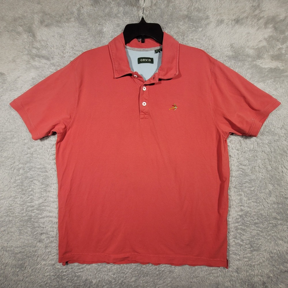 ORVIS Mens Coral Short Sleeve Polo Shirt Embroidered Fly‎ Fish Logo Large